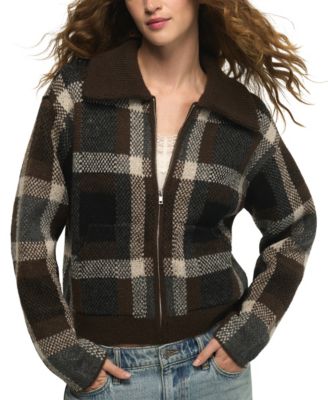 Women's Plaid Long-Sleeve Loose-Fit Bomber Sweater