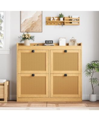 Shoe Cabinet Rattan with 4 Flip Drawers, Wooden Freestanding Shoe Organizer with Adjustable Shelves, Shoe Storage for Entryway, Closet, Hallway