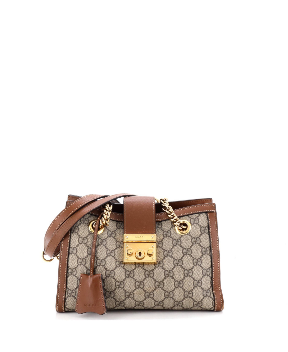 Pre-Owned Gucci Small Padlock Chain Tote Gg Coated Canvas with Leather - Brown