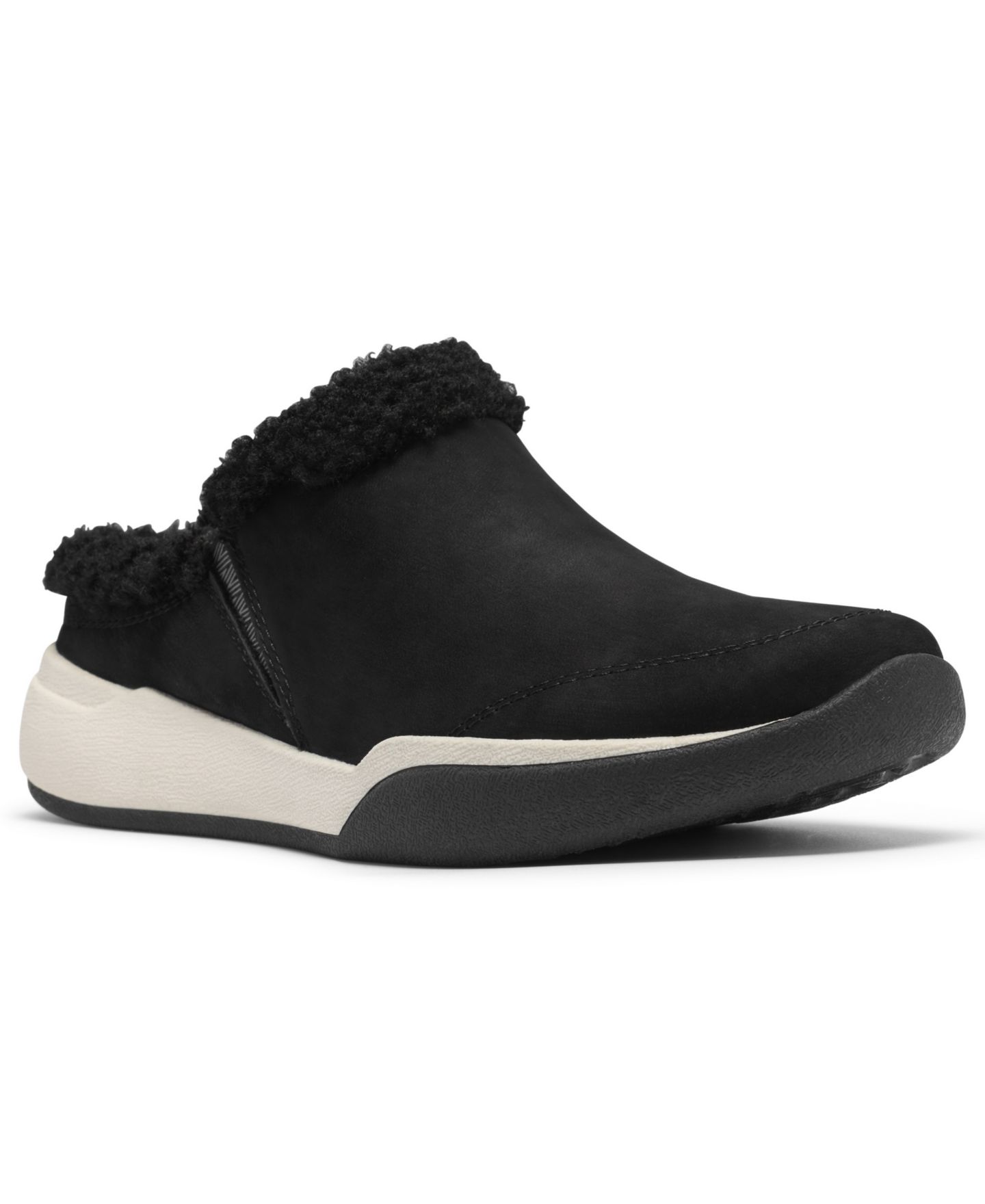 Женские сабо Clarks Aydria Ray Faux Fur Collar Round Toe Mules, цвет: Чёрный нубуковый — фото 1