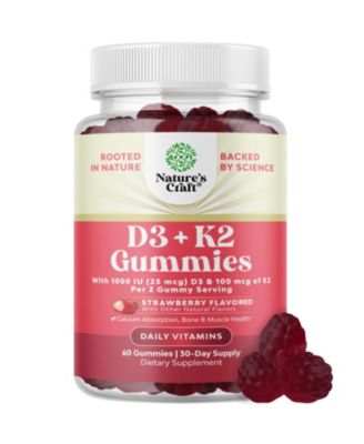 Vitamin D3 K2 Gummies, 1000 IU Vitamin D3 and 100 mcg K2, Strawberry Flavor, 60 Count