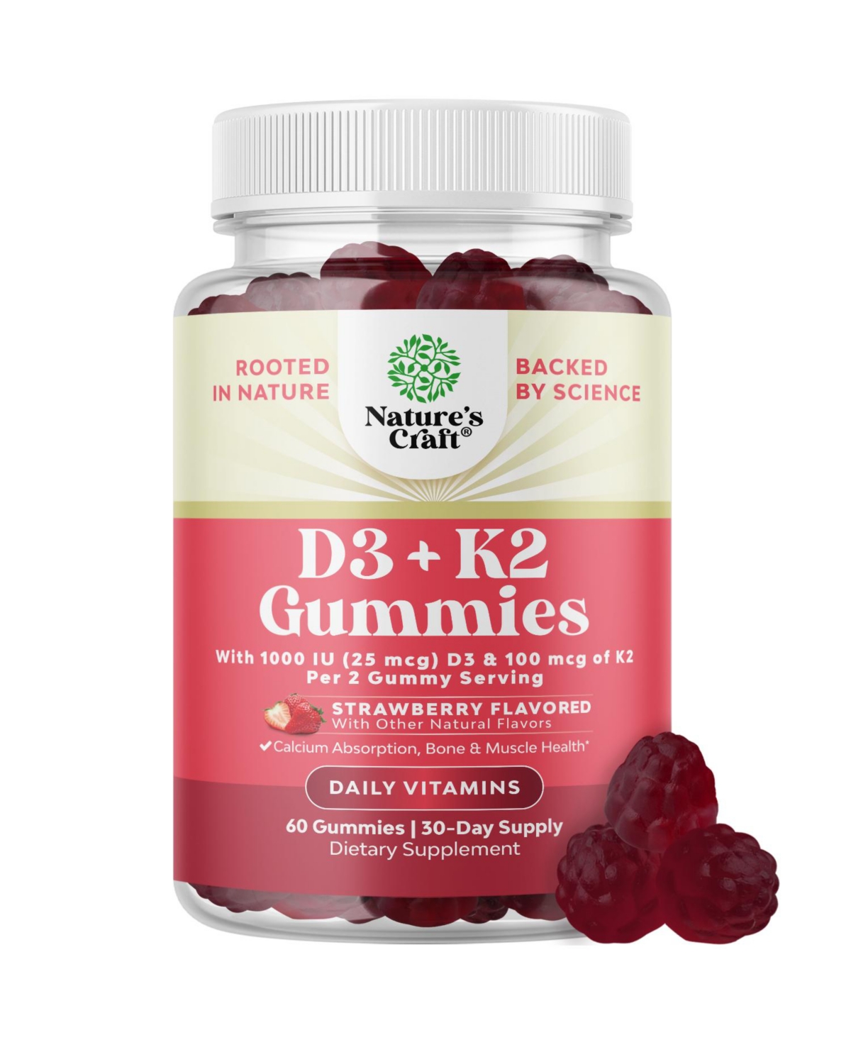 Nature's Craft Vitamin D3 K2 Gummies, 1000 Iu Vitamin D3 and 100 mcg K2, Strawberry Flavor, 60 Count