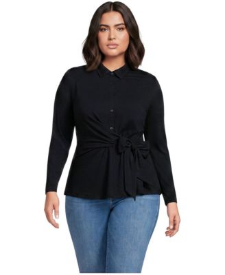 Plus Size Long-Sleeve Jersey Tie Detail Blouse