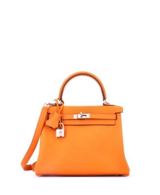 Pre-Owned Hermes Kelly 25 Handbag Orange Swift with Palladium Hardware