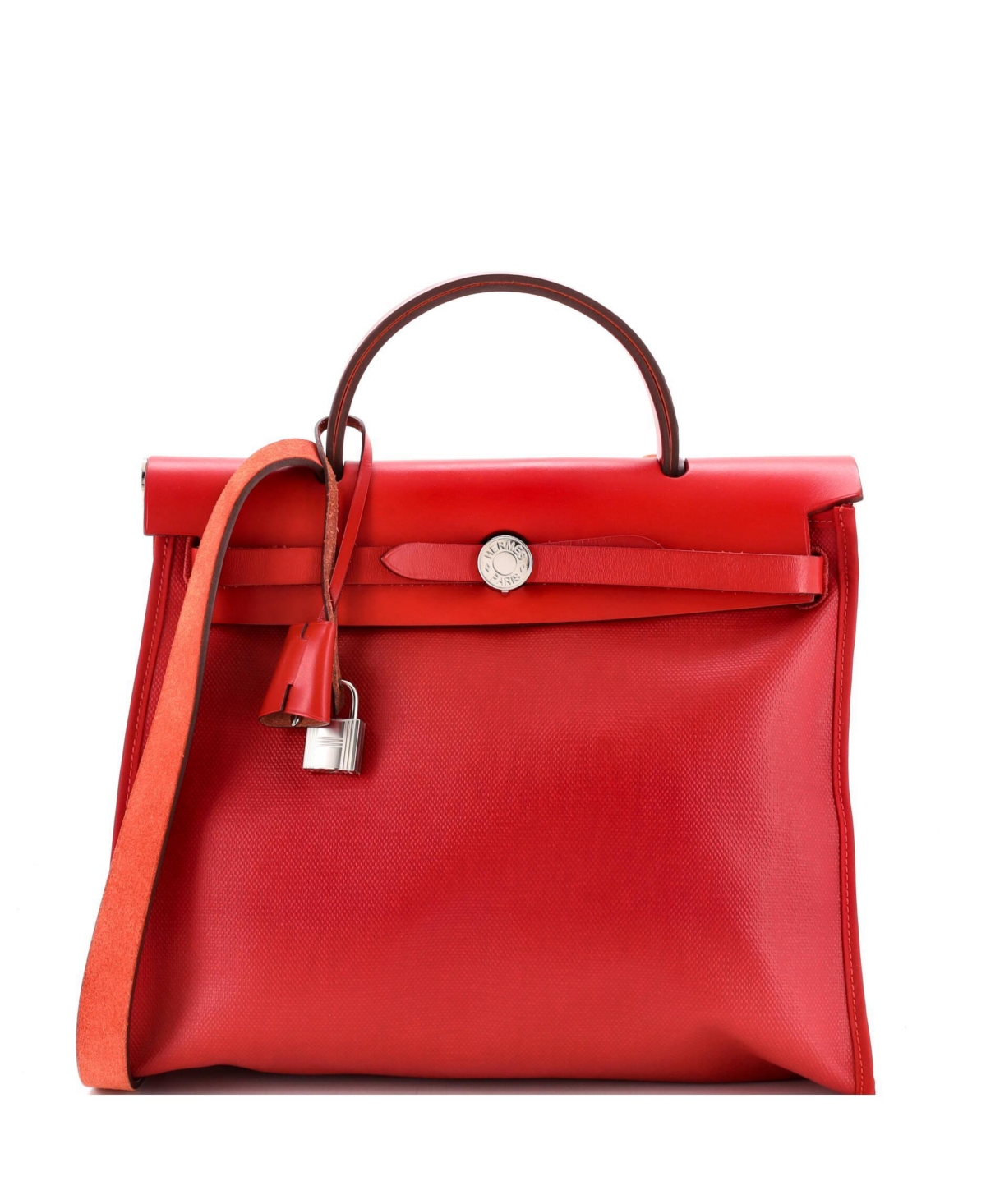 Pre-Owned HERMES Herbag Zip Medium Top-Handle Canvas and Leather Shoulder Bag - Red