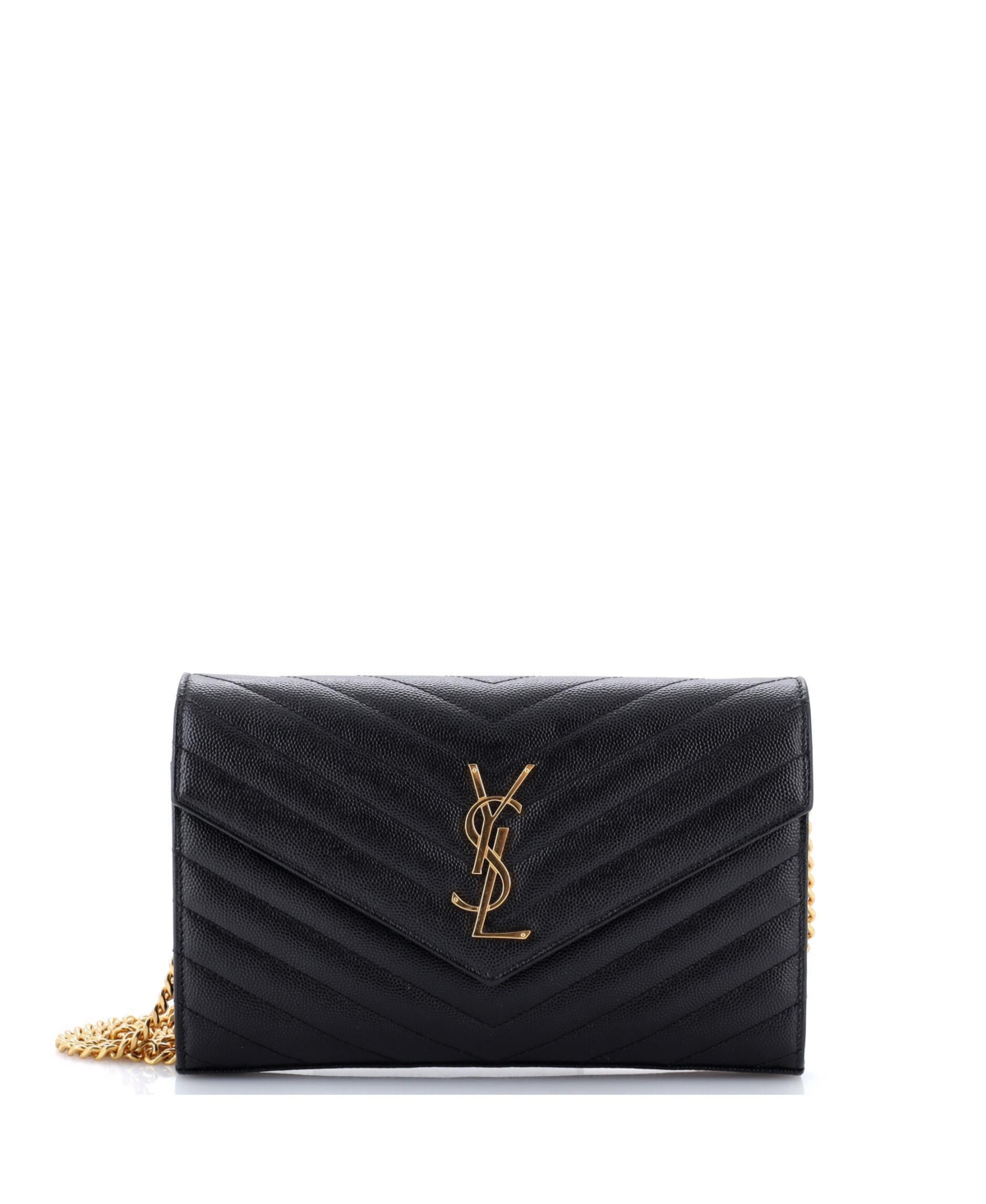 Pre-Owned Saint Laurent Classic Monogram Matelasse Chevron Leather Wallet on Chain - Black