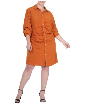 Plus Size Ruched Front Buttoned Down Mini Shirt Dress