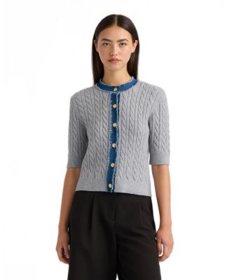 Women's Short Sleeve Cable Sweater with Denim Trim