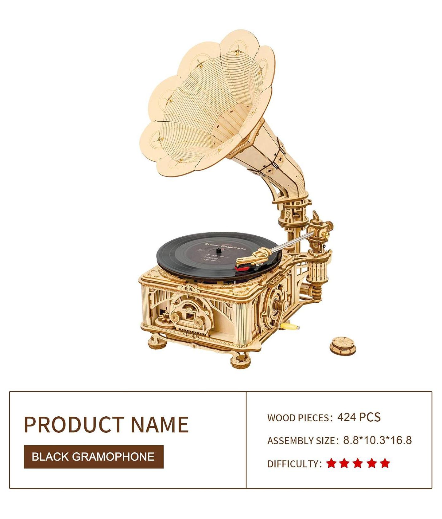Детские конструкторы Robotime 3D Wooden Puzzles Gramophone DIY Mechanical Model Kit Replica Record Player Support 7" 10" Vinyl Building Gift Hobbies for Adults Home Decor — фото 3