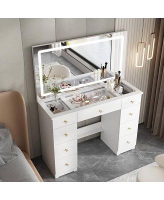 Makeup Vanity Desk 9-Drawers Wood Dressing Table with Big Lighted Mirror, Glass Top, Crystal Handles