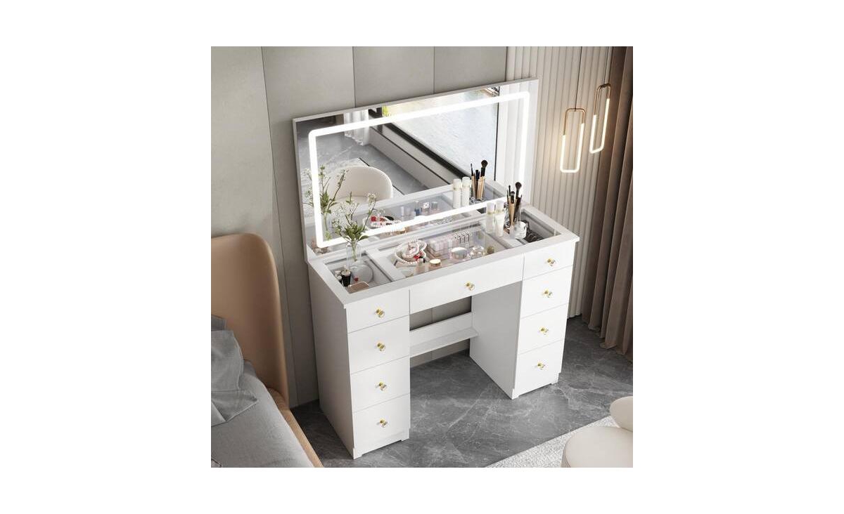 Fufu&Gaga Makeup Vanity Desk 9-Drawers Wood Dressing Table with Big Lighted Mirror, Glass Top, Crystal Handles - White