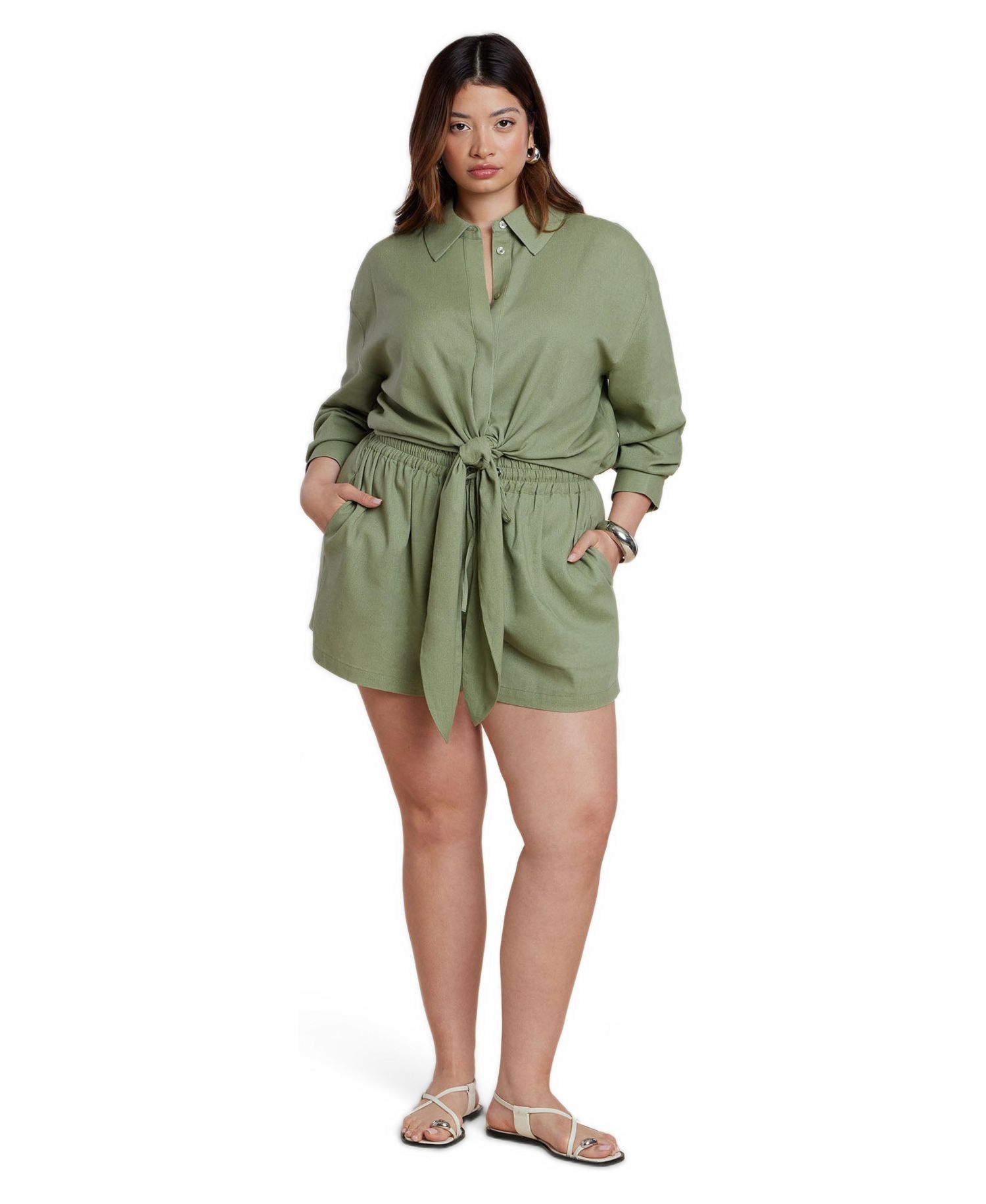 Plus Size Waist Tie Cropped Long-Sleeve Linen-Blend Button-Up Shirt