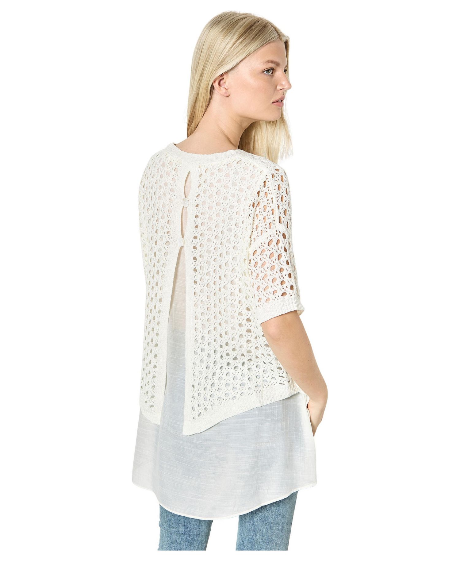 Women's Layered Knit Mesh Button-Down Tunic