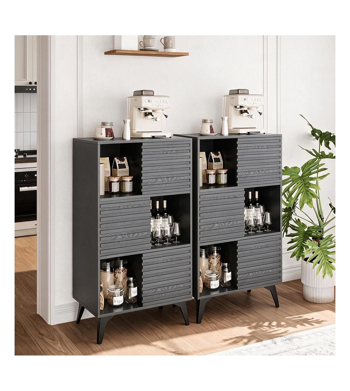 homfan Set of 2 Modern Fluted Storage Cabinet 31" Wooden Sideboard with Sliding Doors Metal Base Console for Entryway Living Room - Black
