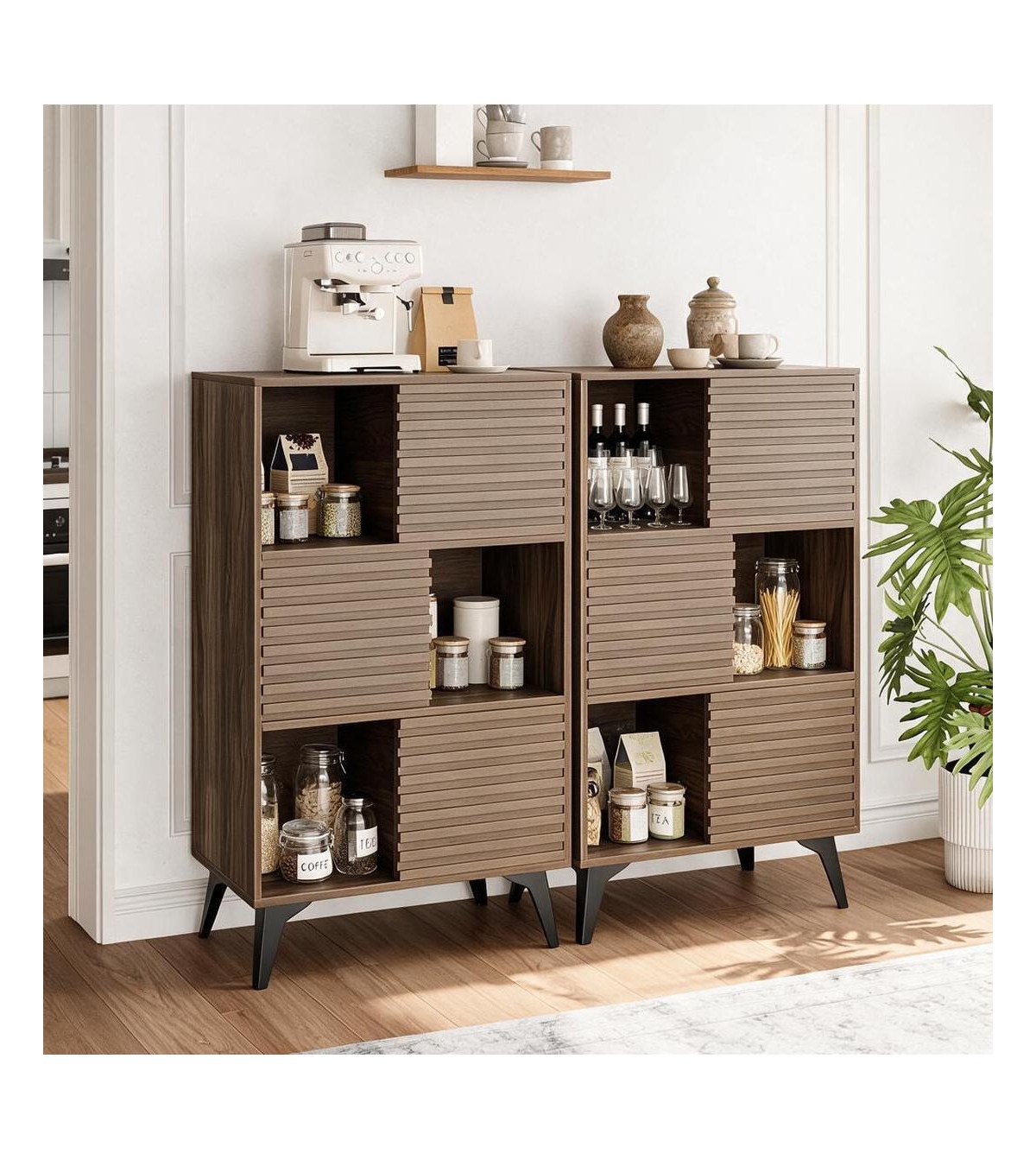 homfan Set of 2 Modern Fluted Storage Cabinet 31" Wooden Sideboard with Sliding Doors Metal Base Console for Entryway Living Room - Dark Brown