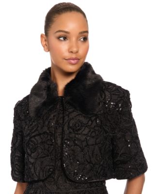 Women's Cropped Sequin-Embellished Floral-Lace Shawl Collar Jacket