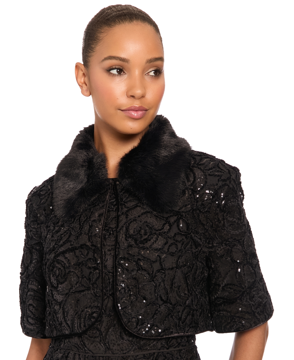 Maggy London Women's Cropped Sequin-Embellished Floral-Lace Shawl Collar Jacket - black/black