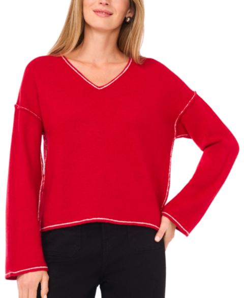 Женский свитер Vince Camuto V-Neck With Contrast Crochet, цвет: Красный