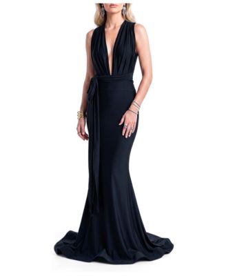 Women's Plunging V-Neck Tie-Waist Mermaid Evening Gown