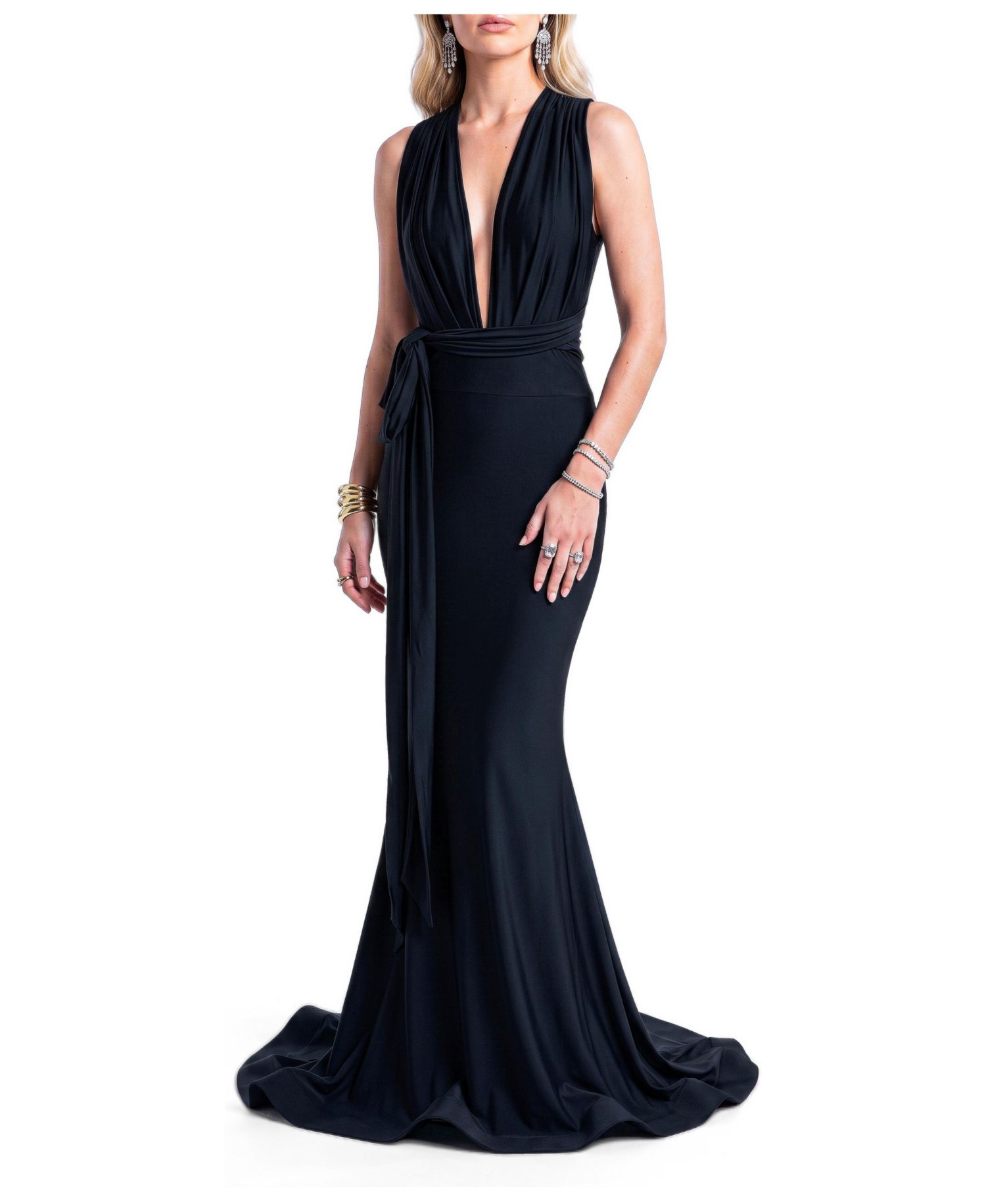 Women's Plunging V-Neck Tie-Waist Mermaid Evening Gown