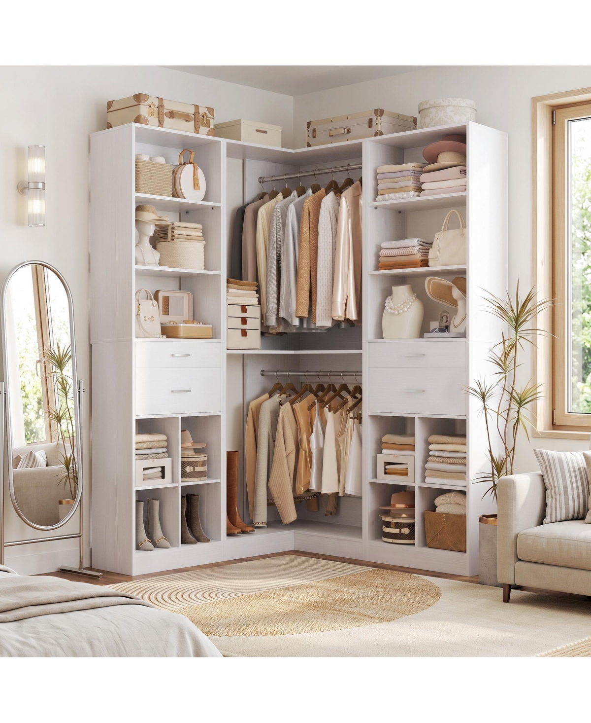 Aheaplus Walk-in Corner Closet Organizer Set of 3 with 4 Drawers and 8 Cube Storage Space - White