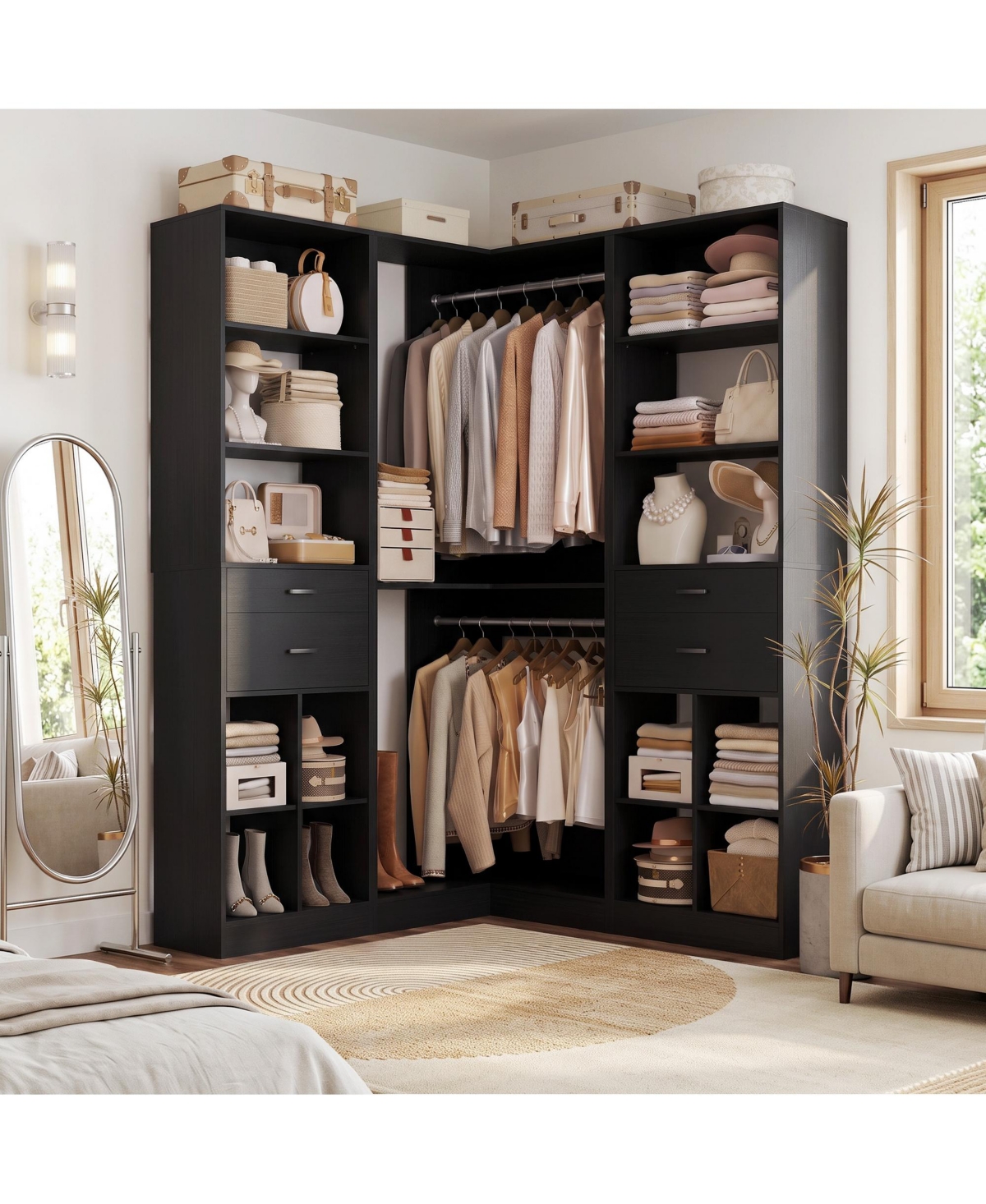 Aheaplus Walk-in Corner Closet Organizer Set of 3 with 4 Drawers and 8 Cube Storage Space - Black