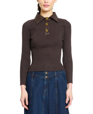 Women's Kara Long-Sleeve Ribbed Faux-Leather Collar Polo