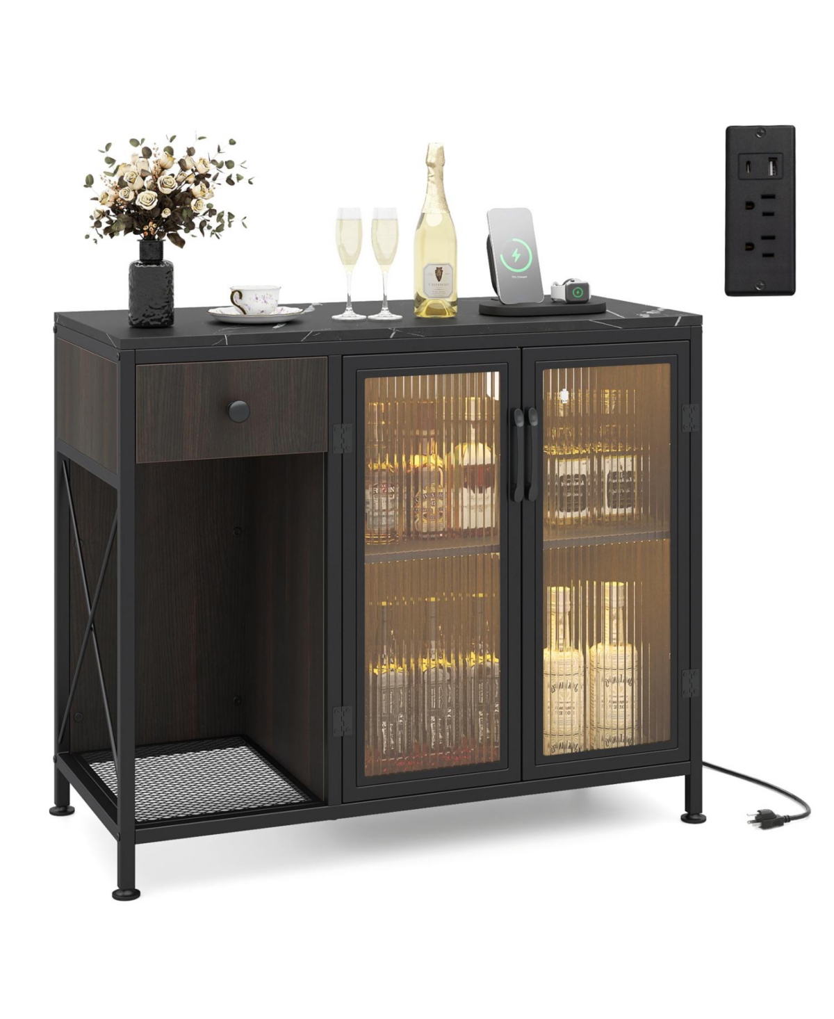 Mecale Buffet Sideboard with Doors Power Outlets and Led Light - Black