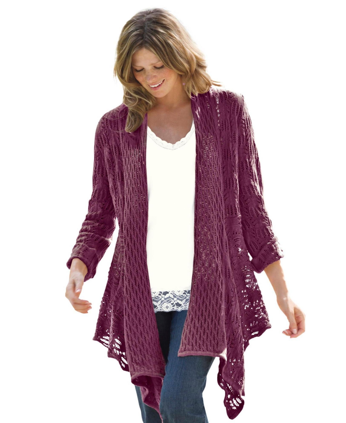 Woman Within Plus Size Open Front Pointelle Cardigan - Deep claret