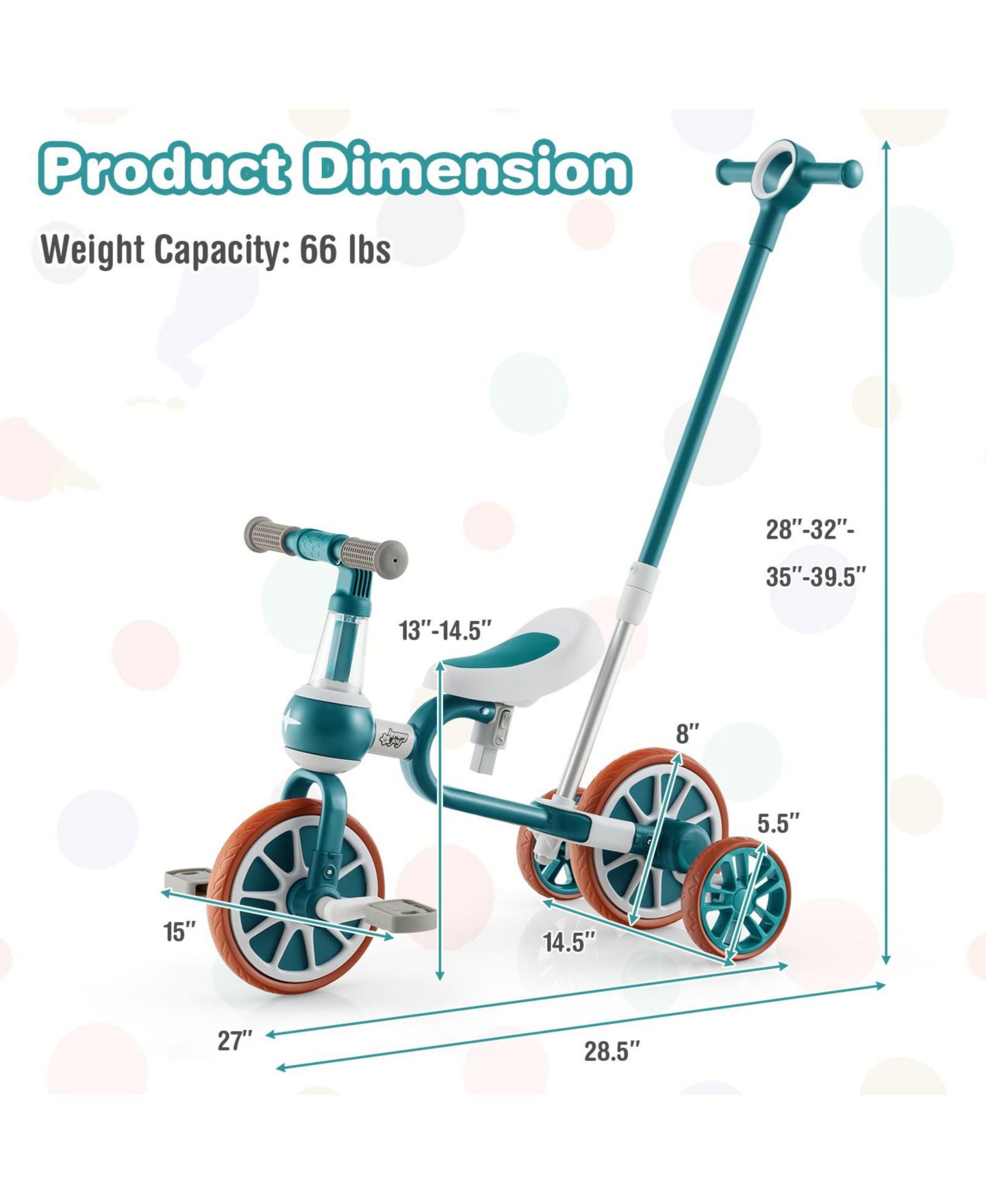 Детская игрушка Costway 4-in-1 Push Handle Training Wheels Kids Tricycle, 66 lbs. Capacity, 2–4 года, цвет: Зелёный — фото 3