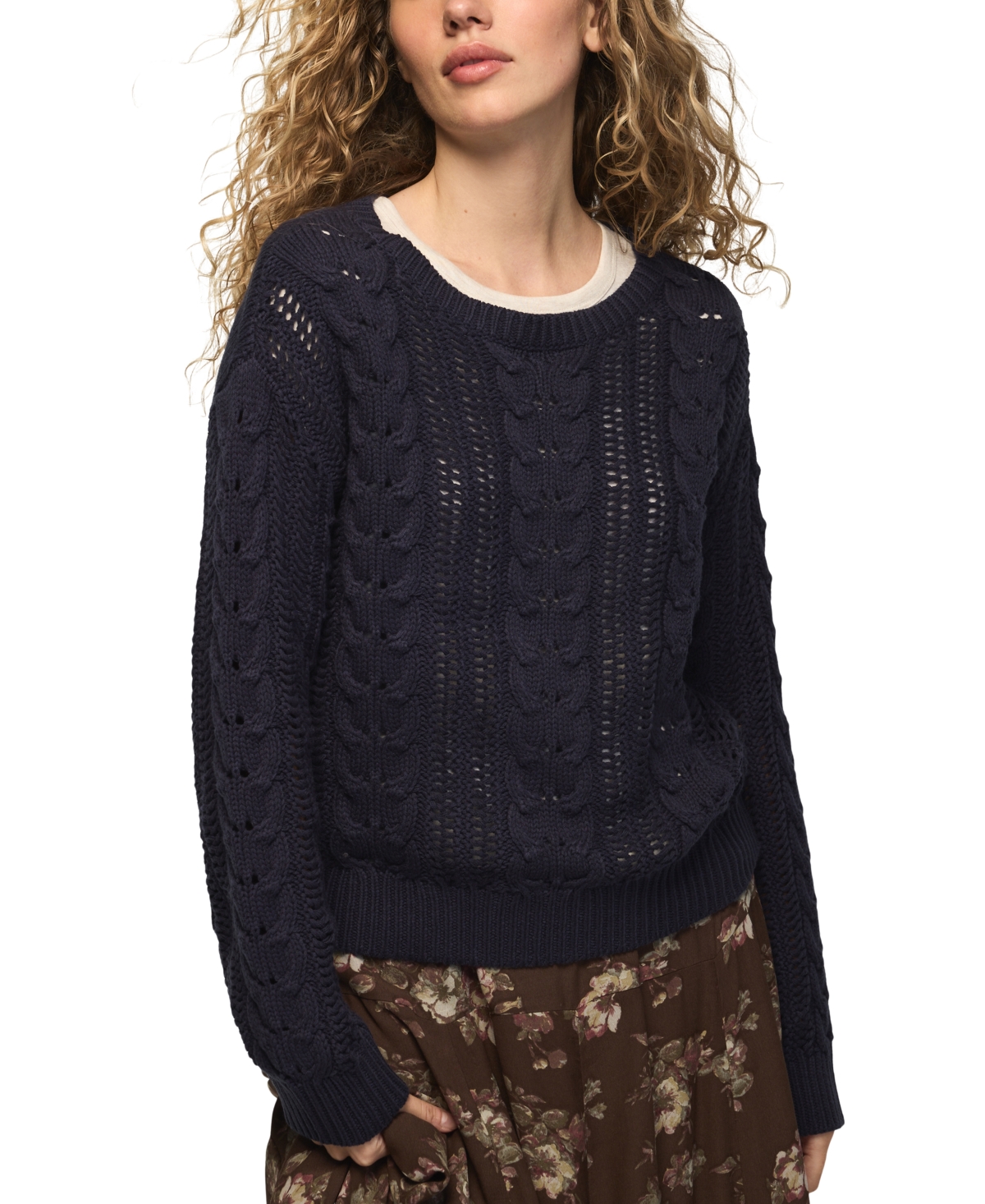 Lucky Brand Women's Open Cable Crewneck Sweater In Black