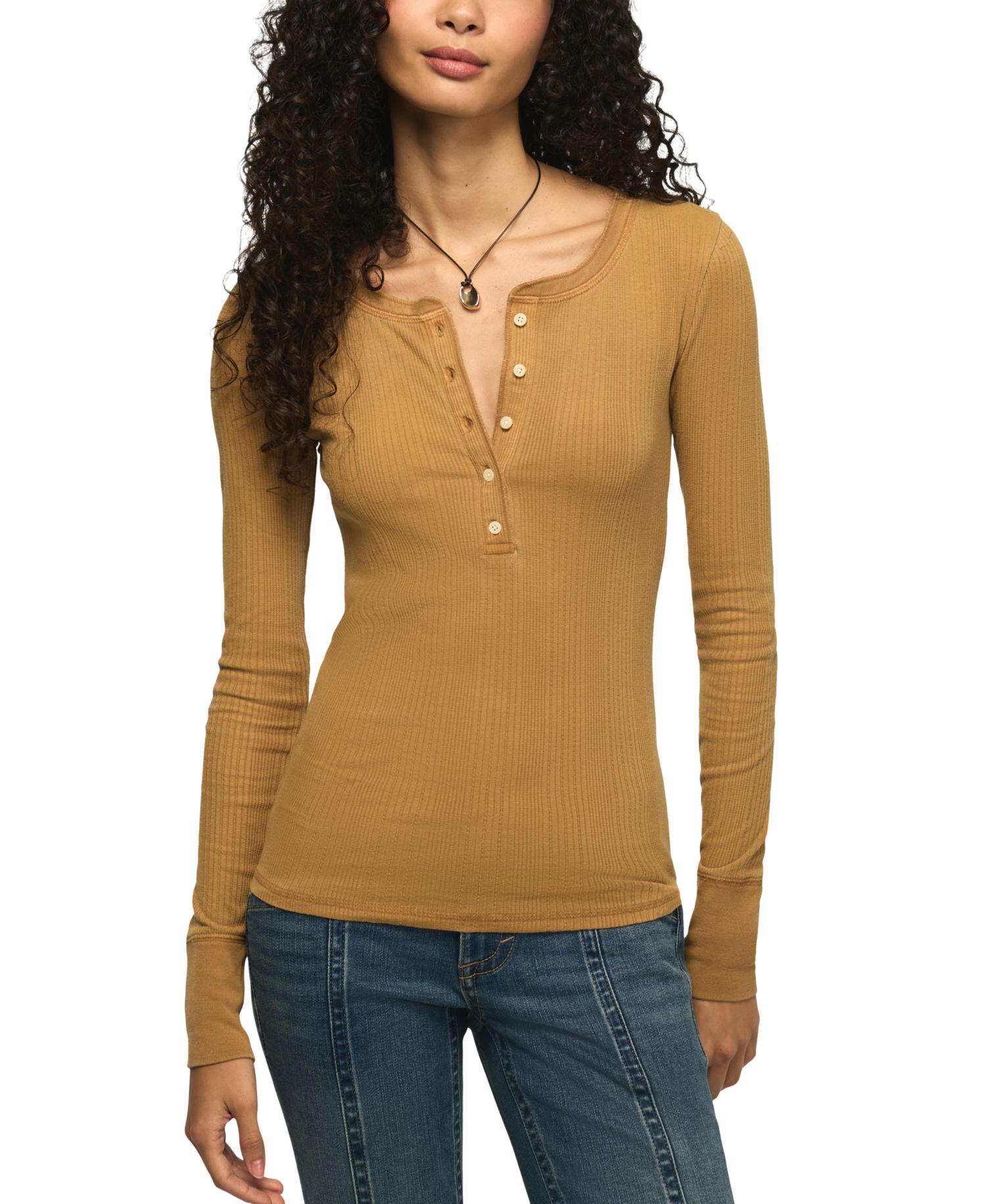 Women's Long Sleeve Ribbed Henley Top
