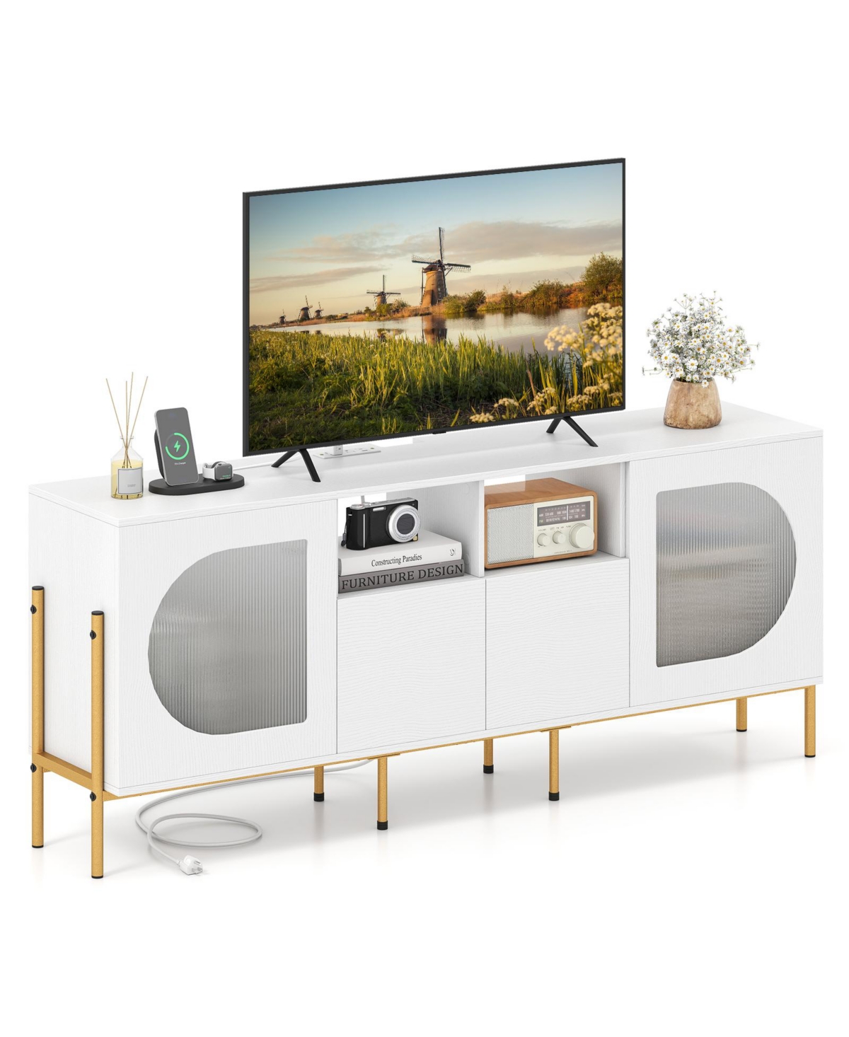 Mecale Tv Stand for 70 Inch Tv with Power Outlets Drawers and Open Shelves