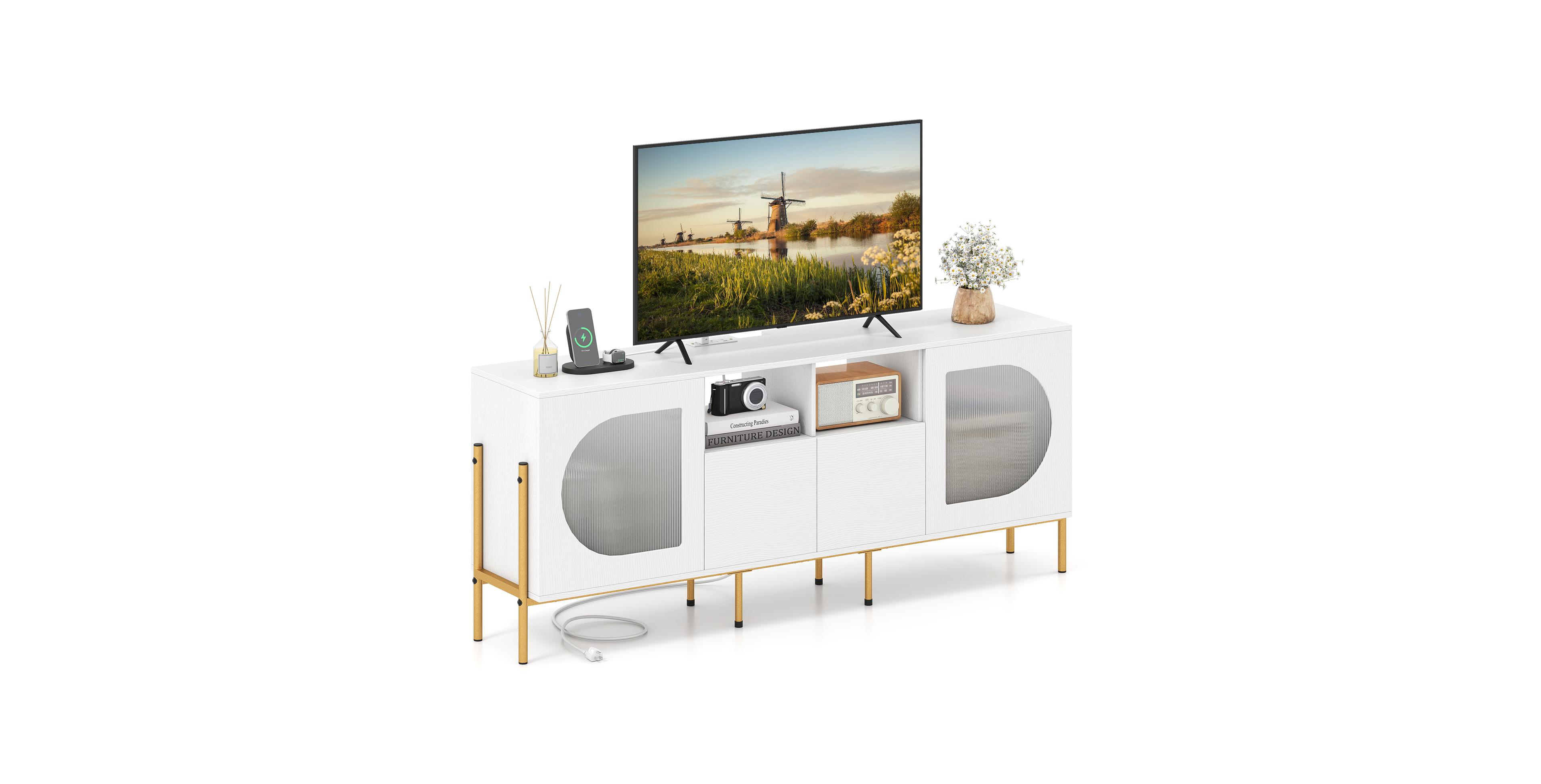 Mecale Tv Stand for 70 Inch Tv with Power Outlets Drawers and Open Shelves