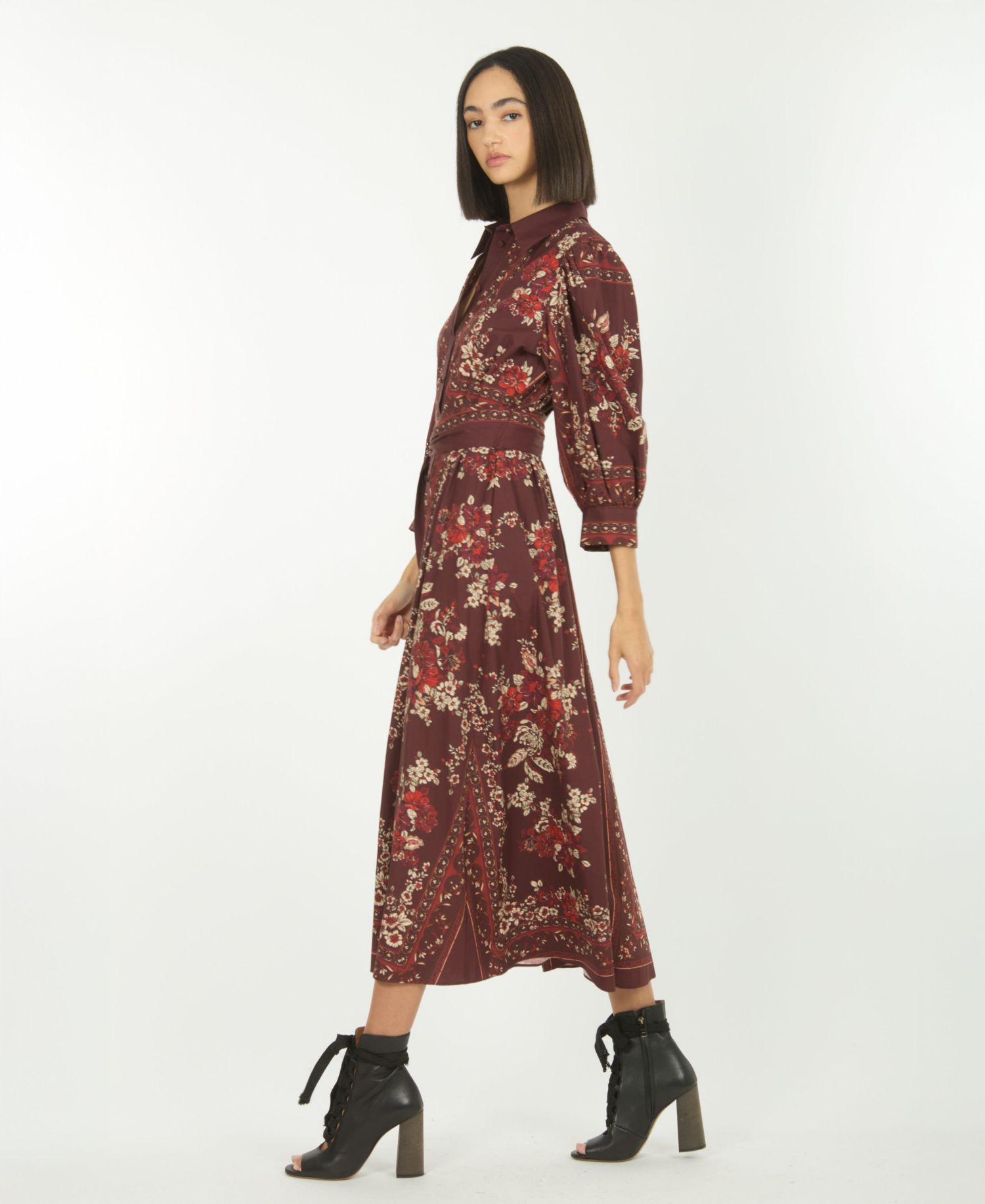 Women's Blaine Floral-Print Puff-Sleeve Belted Midi Shirt Dress