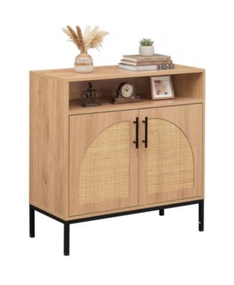 32" Sideboard Buffet Cabinet with 2 Natural Rattan Decorated Doors and Adjustable