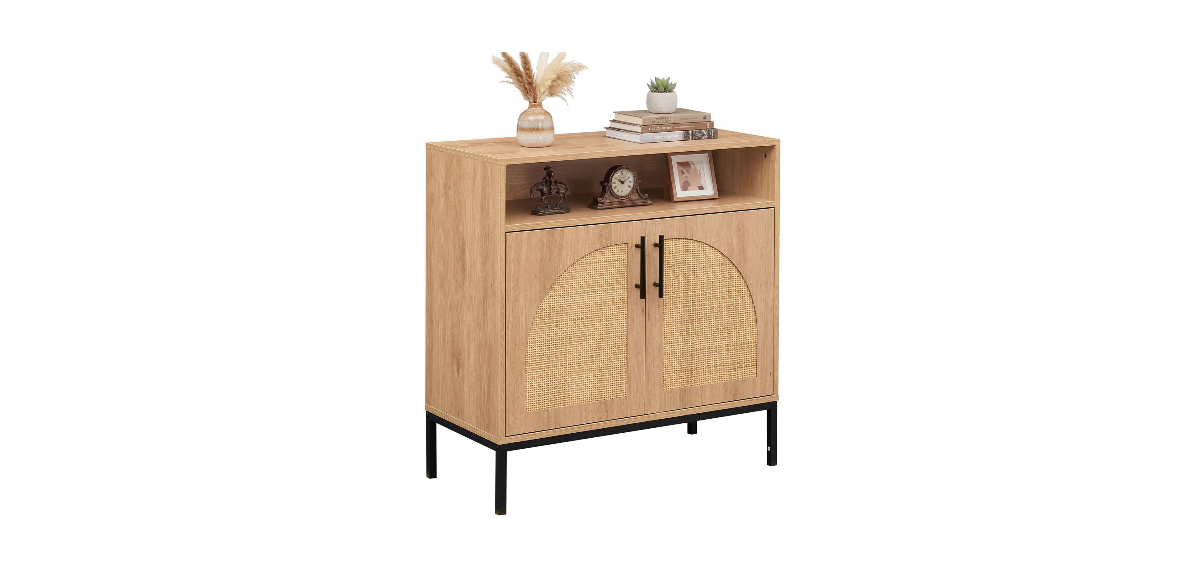 Mecale 32" Sideboard Buffet Cabinet with 2 Natural Rattan Decorated Doors and Adjustable