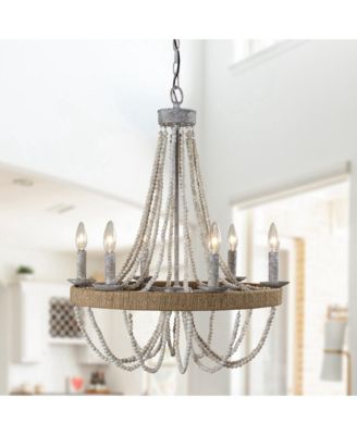23.6" Farmhouse 6-Light Wood Bead Hemp Ropes Candle Chandelier