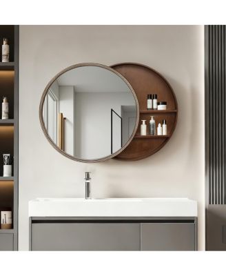 23.6" Round Sliding Wall Mirror with Storage Cabinet for Bathroom and Bedroom