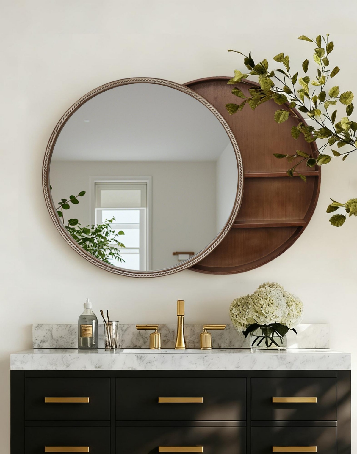 Laoties 23.6" Round Sliding Wall Mirror with Storage Cabinet for Bathroom and Bedroom