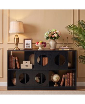 2-Tier Wide Bookcase with Round Cutout Design, Modern Low Storage Shelf for Living Room