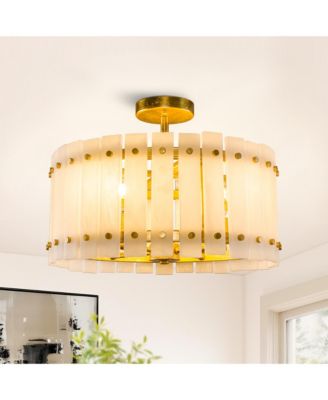 Gold Vintage Imitation Faux Alabaster 4-Light Drum Semi-Flush Mount Ceiling Light