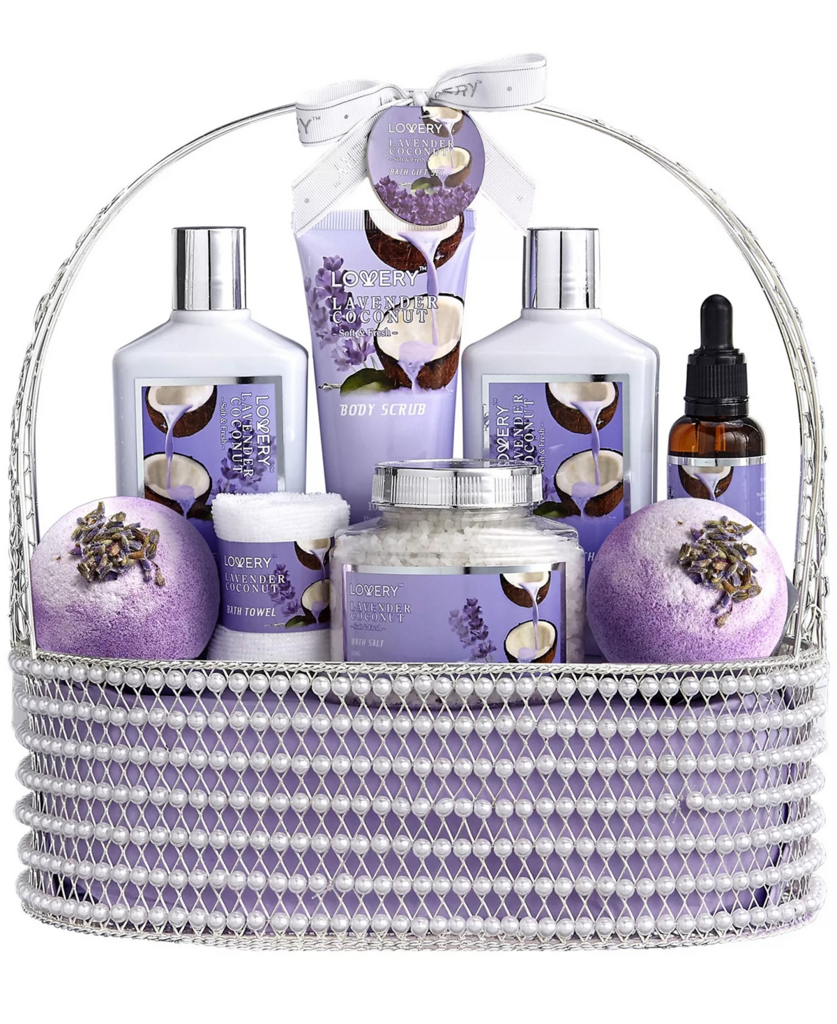 Lovery Lavender and Coconut Bath Gift Set for Women, Luxury Spa Gift Set, Fragrance and Self Care Skin Care Set in Pearl Basket