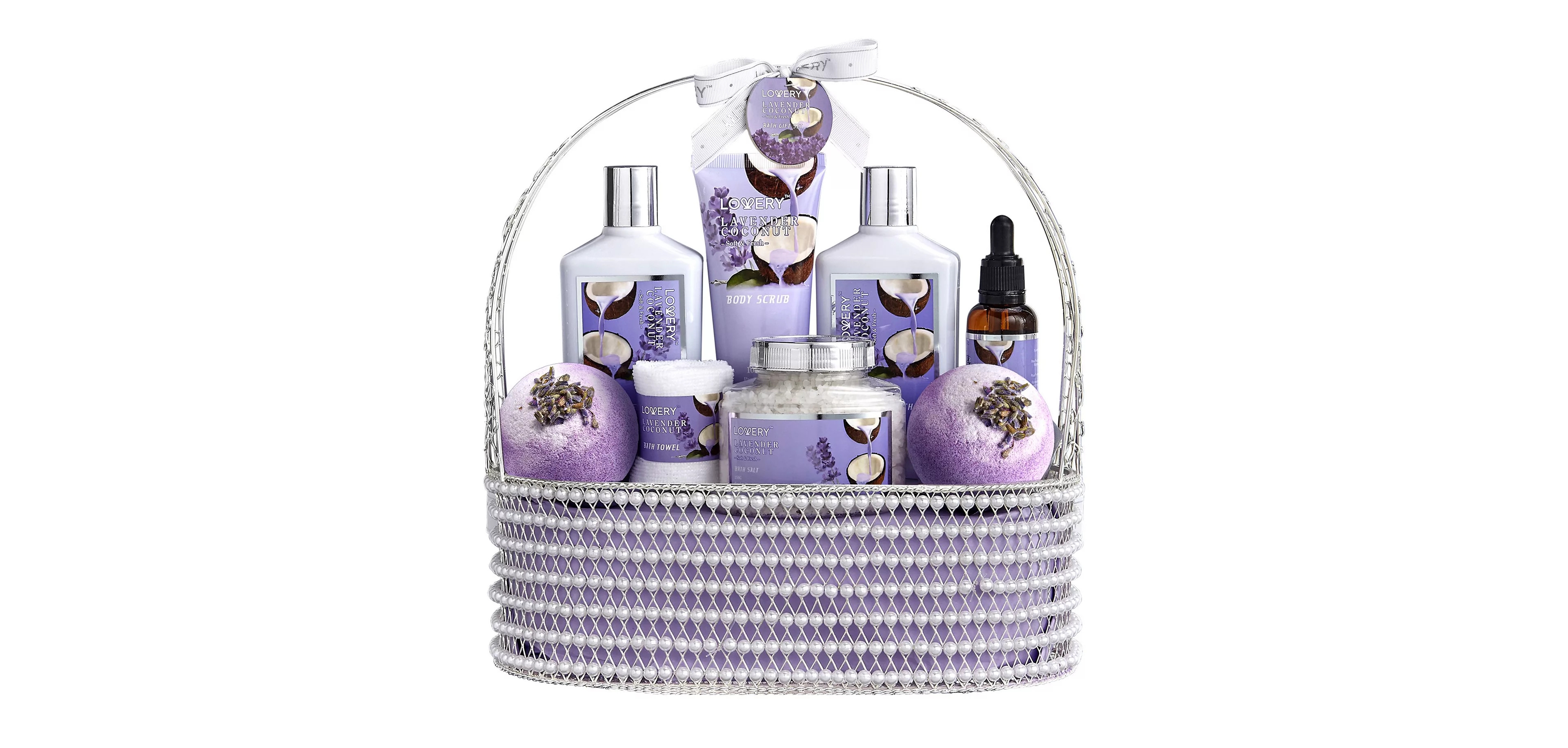 Lovery Lavender and Coconut Bath Gift Set for Women, Luxury Spa Gift Set, Fragrance and Self Care Skin Care Set in Pearl Basket