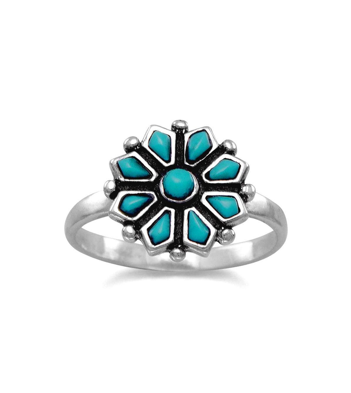 Curata Jewelry Flower Simulated Turquoise Ring Sterling Silver