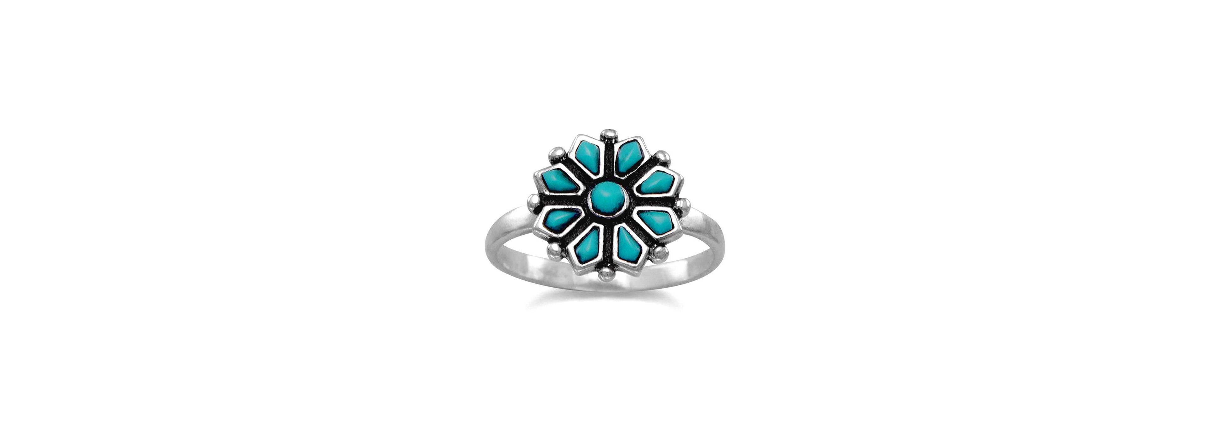 Curata Jewelry Flower Simulated Turquoise Ring Sterling Silver