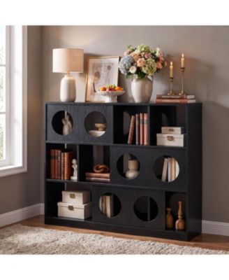 3-Tier Wide Bookcase with Round Cutout Design, Modern Low Storage Shelf for Living Room