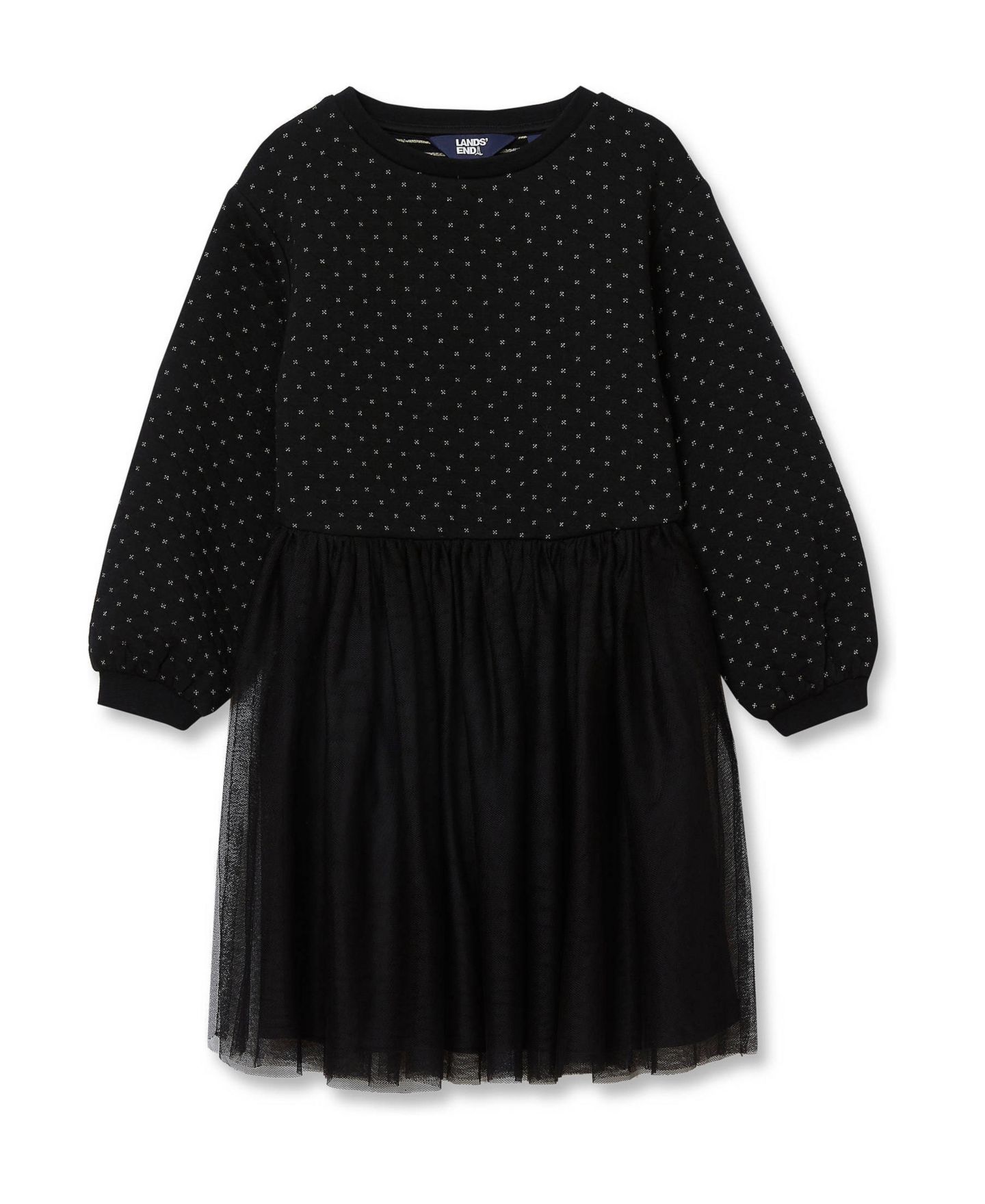 Платье Lands' End Long-Sleeve Mixed-Media Fit & Flare Dress для девочек, цвет: Чёрный — фото 1