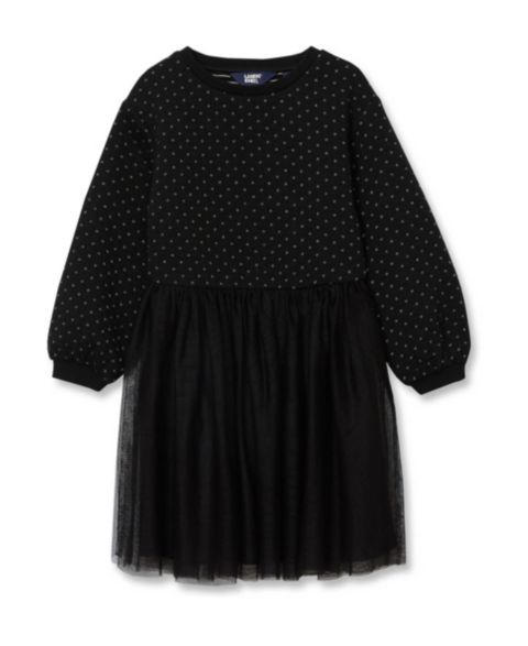 Платье Lands' End Long-Sleeve Mixed-Media Fit & Flare Dress для девочек, цвет: Чёрный