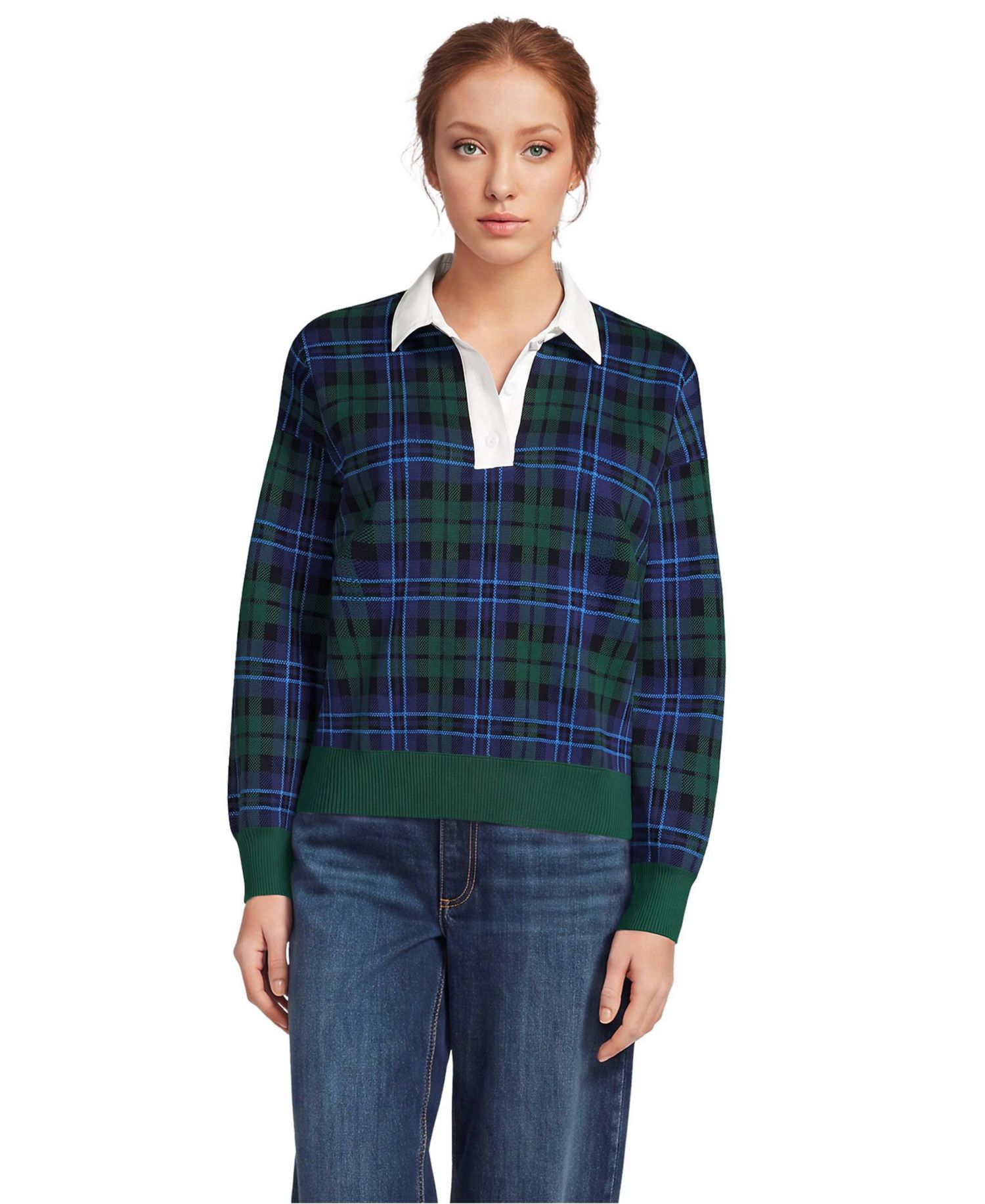 Plus Size Drifter Collared Shaker-Knit Plaid Sweater